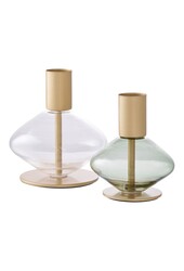 Kaarshouder - Goud/groen, helder, glas en metaal - Set van 2