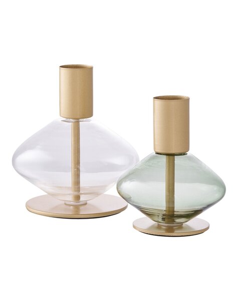 Kaarshouder - Goud/groen, helder, glas en metaal - Set van 2