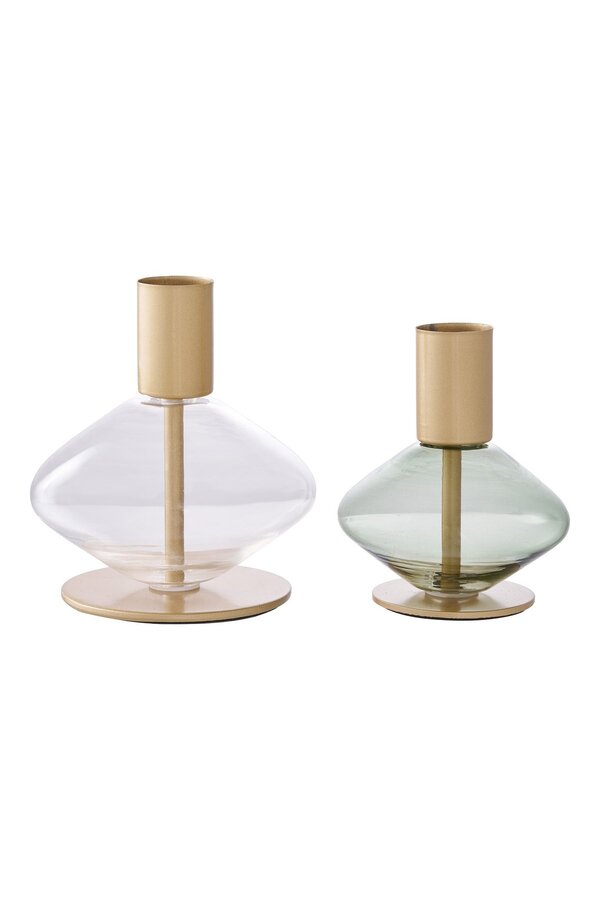 Kaarshouder - Goud/groen, helder, glas en metaal - Set van 2
