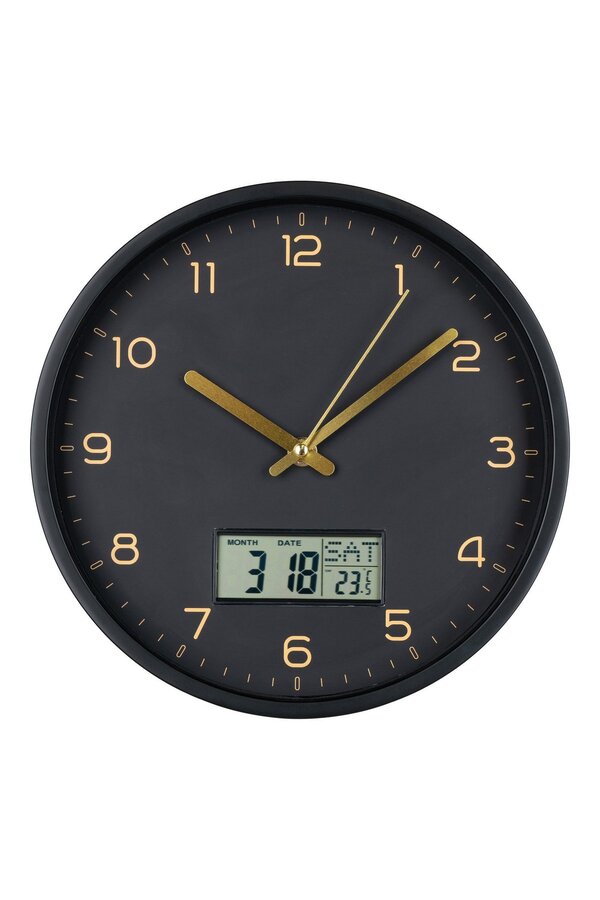 Amiens Wandklok - Zwart, Kunststof, Glas, LCD, Ø25cm