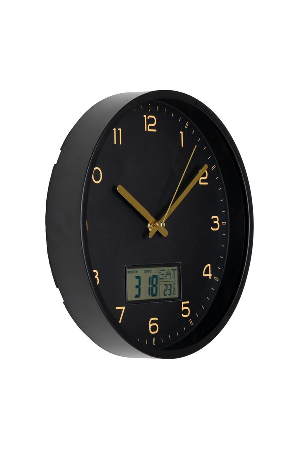 Amiens Wandklok - Zwart, Kunststof, Glas, LCD, Ø25cm