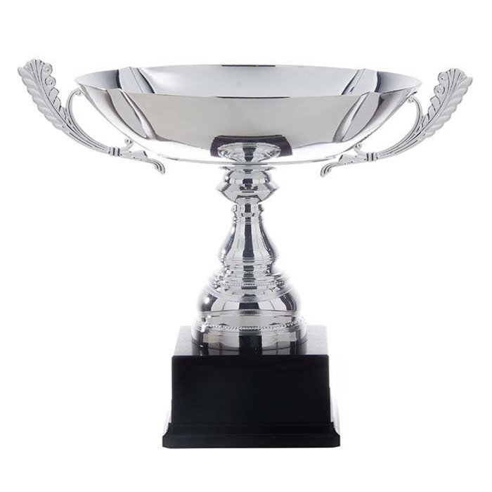 Zilveren Schaal Beker Trofee – Metalen Cup met Handgrepen op Zwarte Voet met Gravure