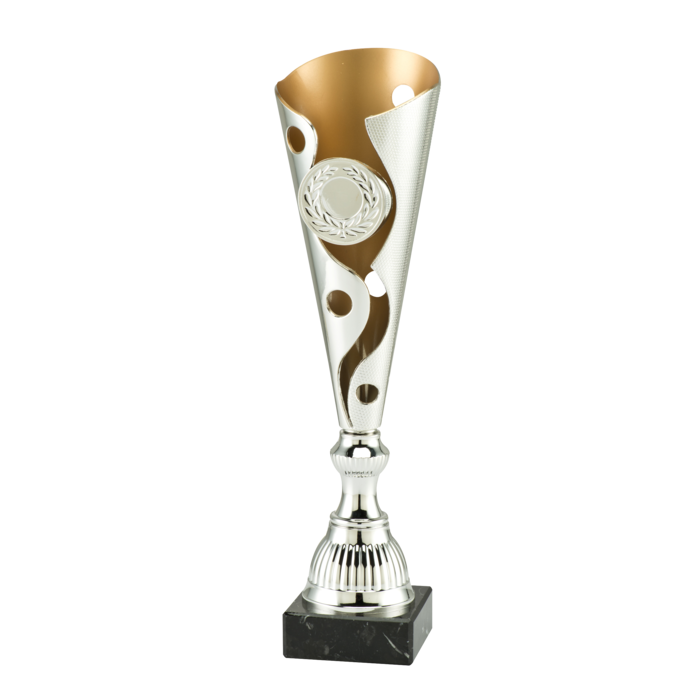 Trofee zilver met mat goud accent.