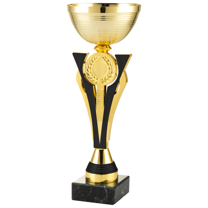 Goudkleurige metalen trofee met marmeren voet – personaliseerbaar – 3 formaten