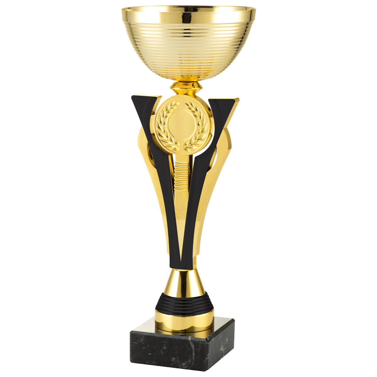 Goudkleurige metalen trofee met marmeren voet – personaliseerbaar – 3 formaten