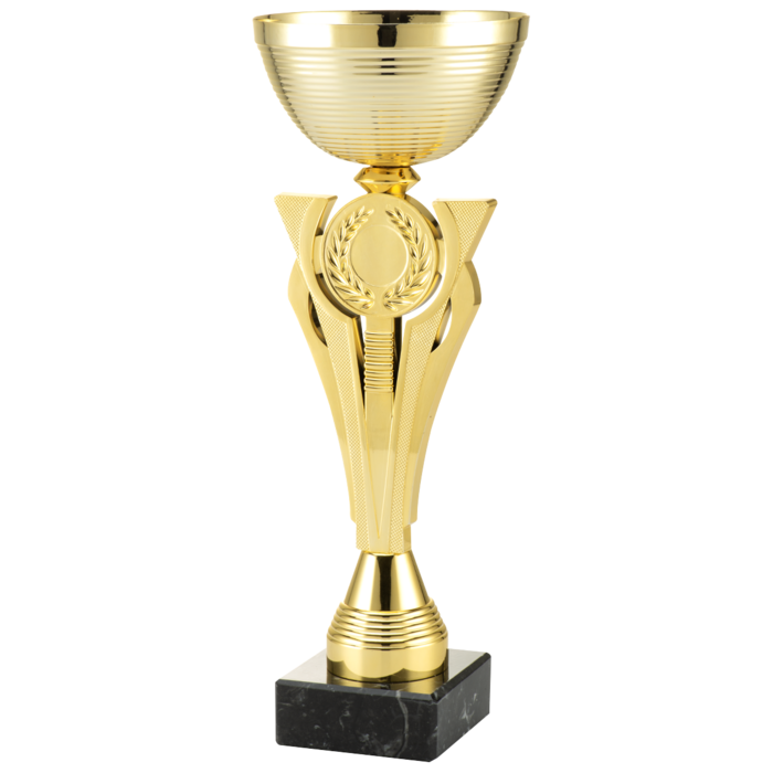 Goudkleurige trofee met marmeren voet – personaliseerbaar – 3 formaten