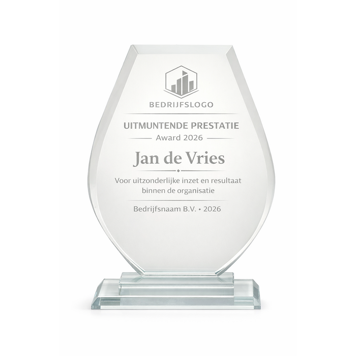 Glazen Award Shield op Voet – Personaliseerbaar met Gravure