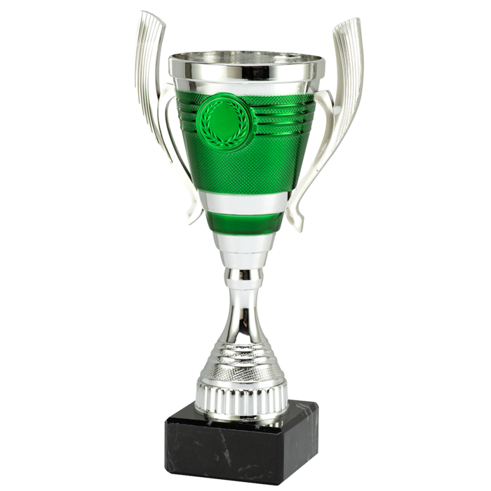 Zilver-Groene Trofee Beker met Handgrepen – Kunststof Cup op Marmeren Voet in 3 Maten met Gravure