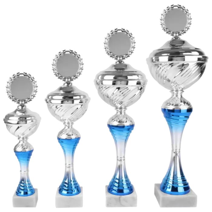 Zilver-Blauwe Trofee Beker met Logo Houder – Metalen Cup op Marmeren Voet in 4 Formaten