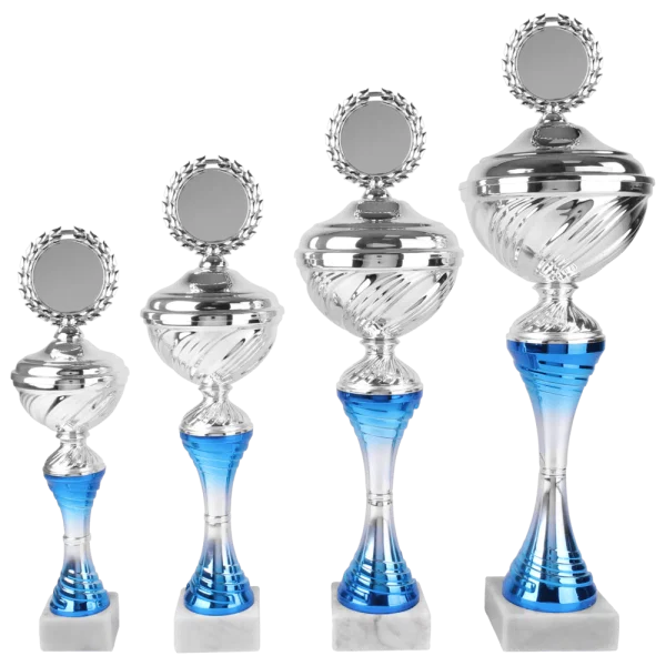 Zilver-Blauwe Trofee Beker met Logo Houder – Metalen Cup op Marmeren Voet in 4 Formaten