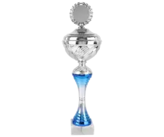 Zilver-Blauwe Beker Trofee – Metalen Cup op Marmeren Voet