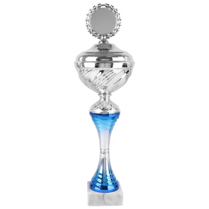 Zilver-Blauwe Trofee Beker met Logo Houder – Metalen Cup op Marmeren Voet in 4 Formaten