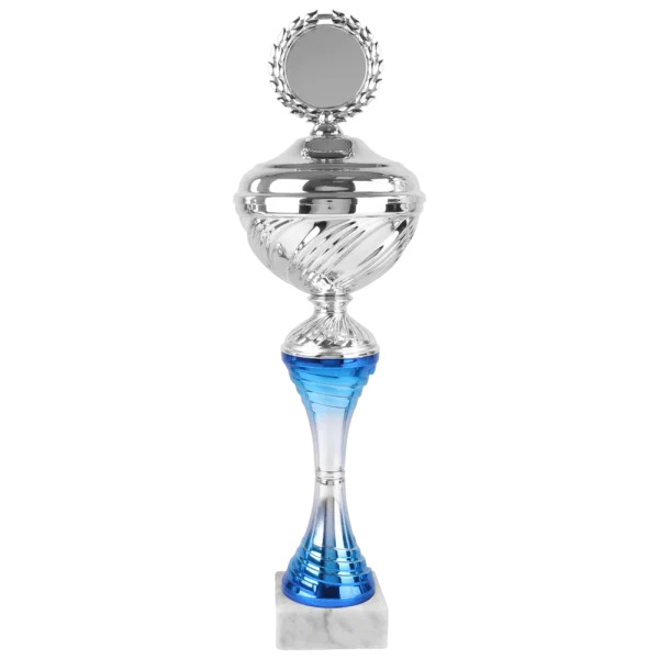 Zilver-Blauwe Trofee Beker met Logo Houder – Metalen Cup op Marmeren Voet in 4 Formaten