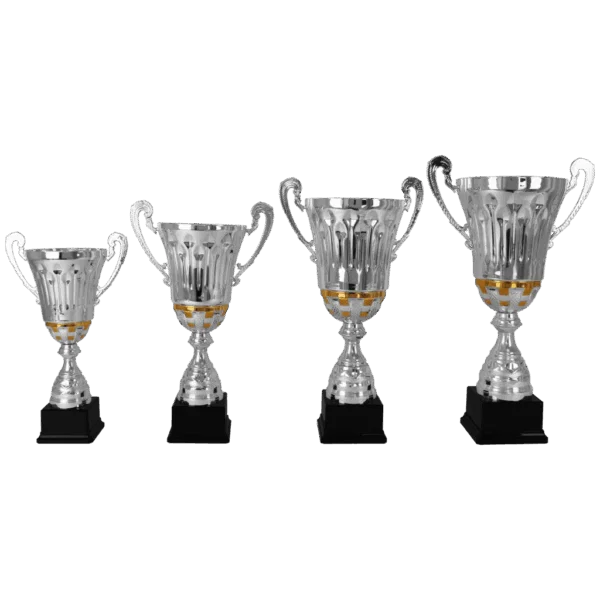 Zilveren Trofee met Gouden Details en Oren – Metalen Beker in 4 Formaten op Zwarte Voet