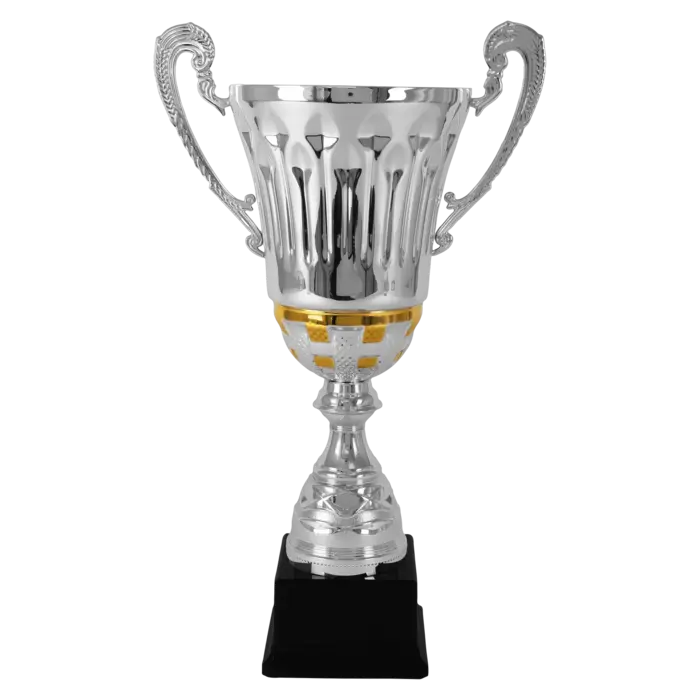 Zilveren Trofee met Gouden Details en Oren – Metalen Beker in 4 Formaten op Zwarte Voet