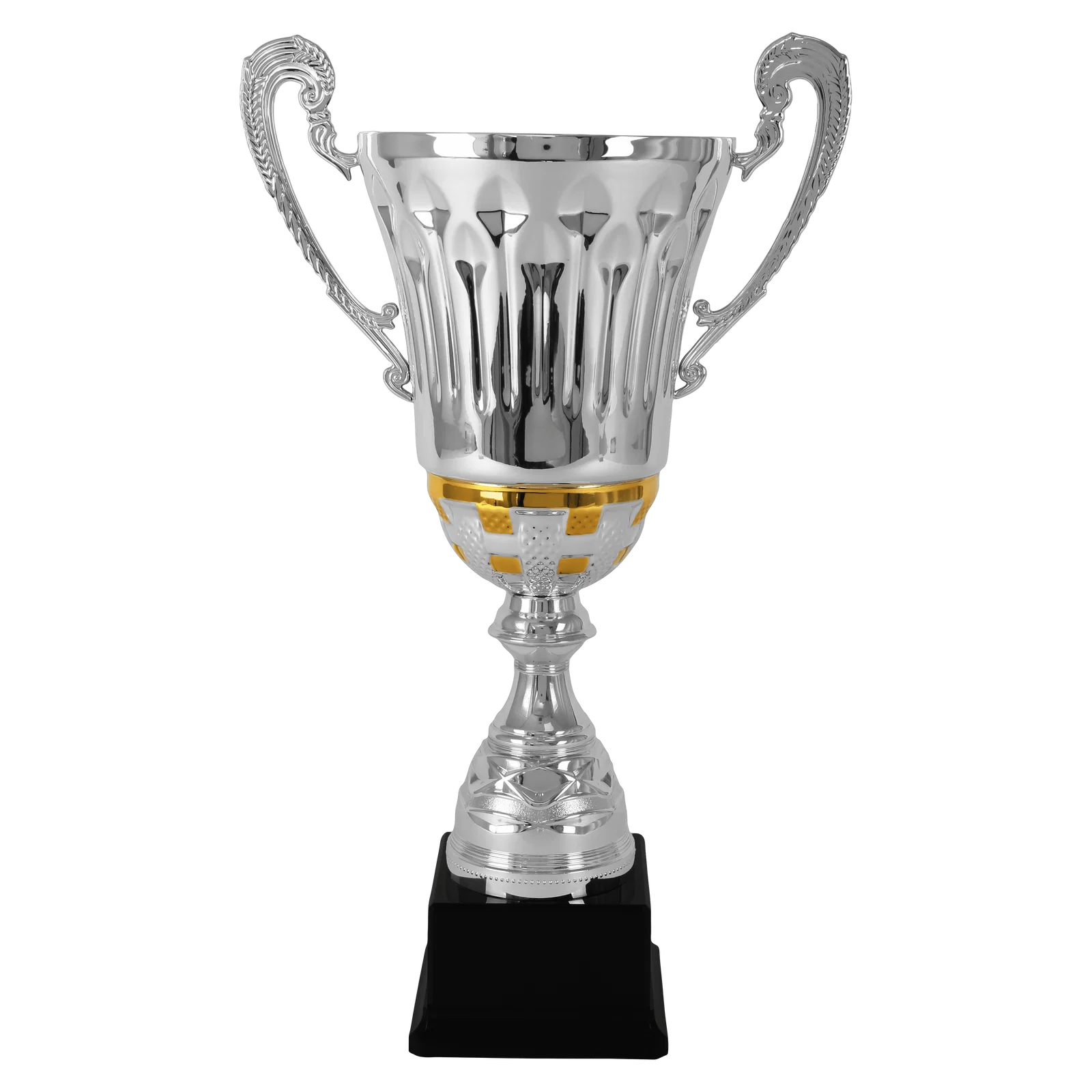 Zilveren Trofee met Gouden Details en Oren – Metalen Beker in 4 Formaten op Zwarte Voet