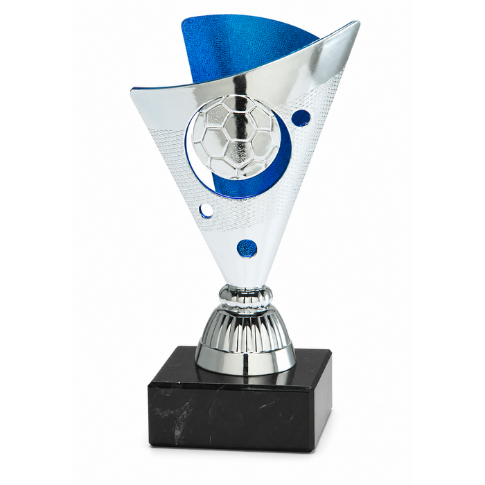 Voetbal Trofee met Blauwe Accenten – Zilverkleurige Kunststof Beker op Marmeren Voet 15,5 cm