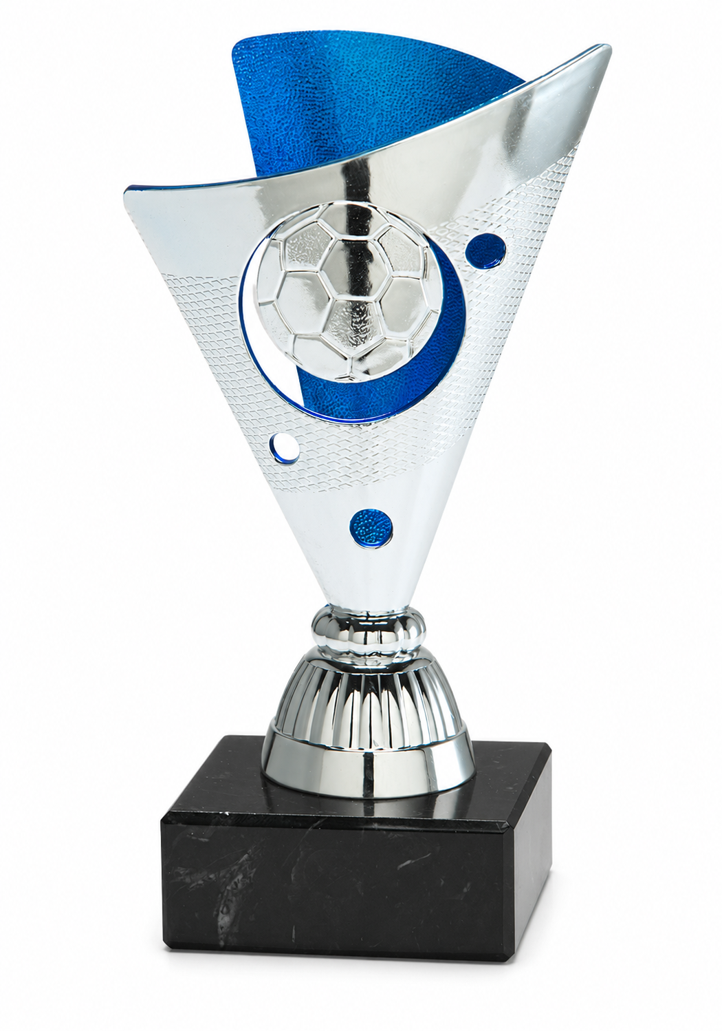 Voetbal Trofee met Blauwe Accenten – Zilverkleurige Kunststof Beker op Marmeren Voet 15,5 cm