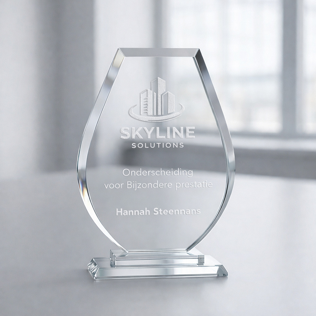 Glazen Award Shield op Voet – Personaliseerbaar met Gravure