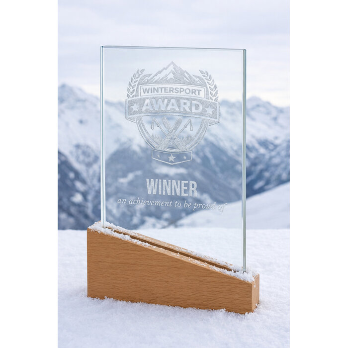 Glazen Award in Houten Voet – Personaliseerbaar met Gravure & Luxe Etui