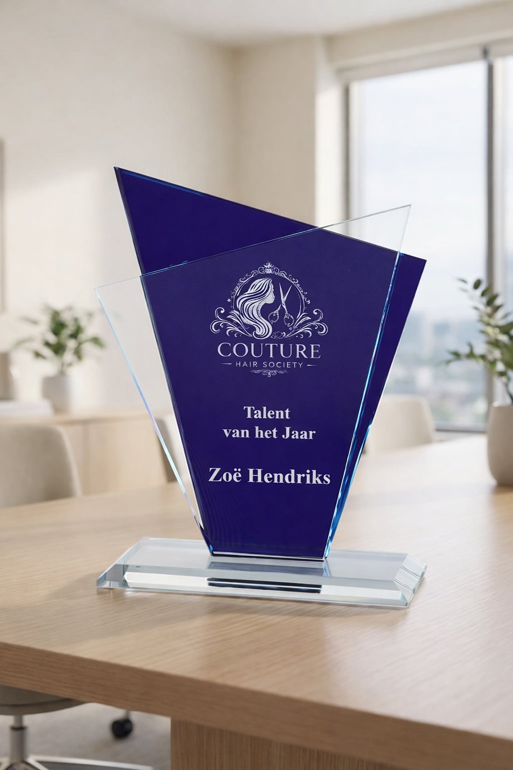 Glazen trofee met blauw en Transparant