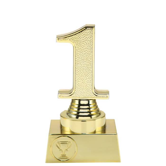 Goudkleurige trofee 1e plaats met 3D nummer 1