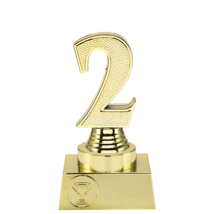Goudkleurige trofee 2e plaats met 3D nummer 2