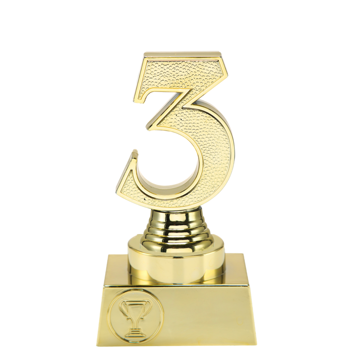 Goudkleurige trofee 3e plaats met 3D nummer 3