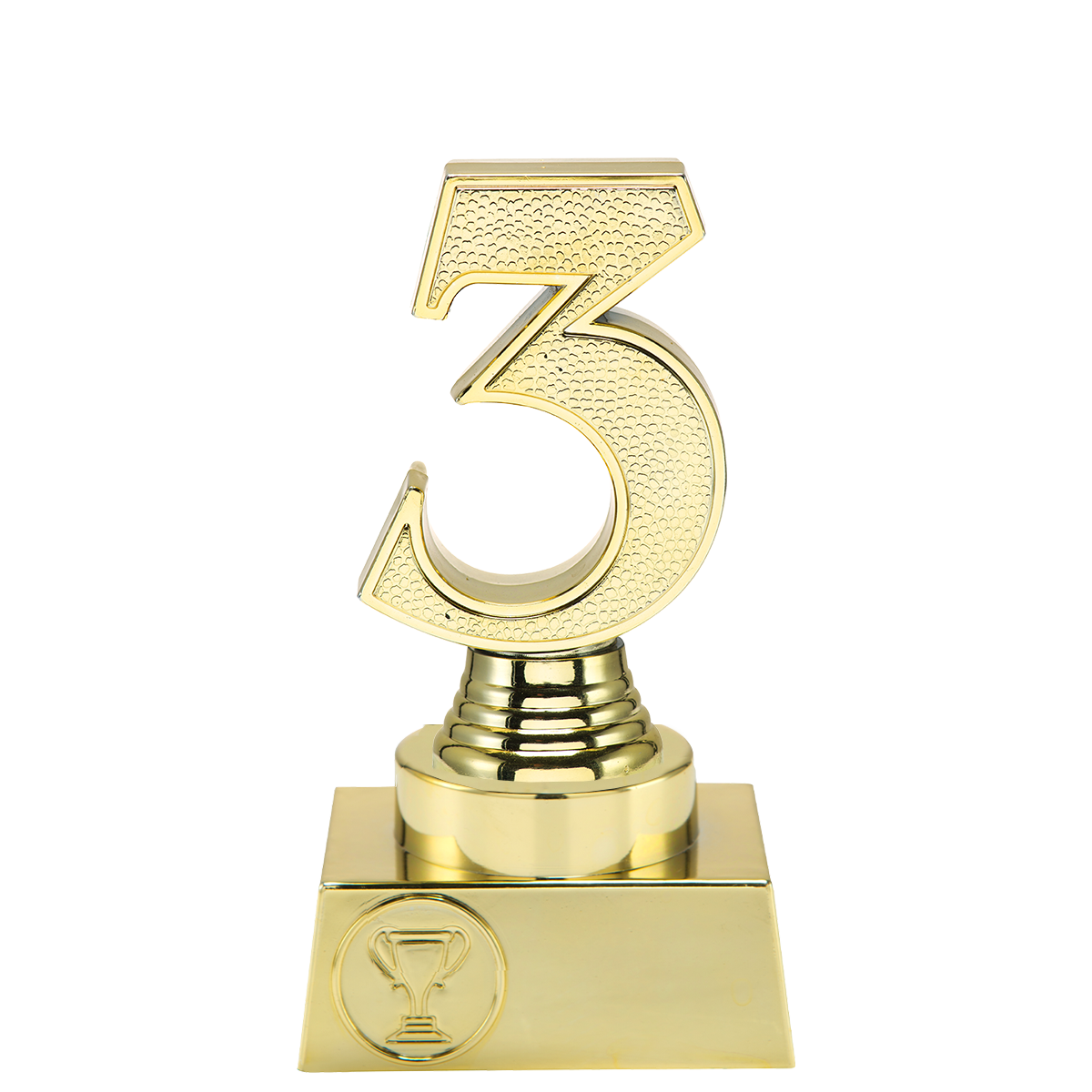 Goudkleurige trofee 3e plaats met 3D nummer 3