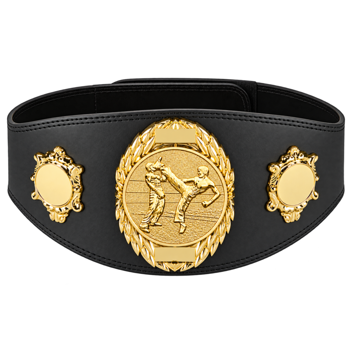 Luxe Kickboks Kampioensgordel van 100% Leer – Zwarte Gordel met Gravure en Eigen Logo Optie
