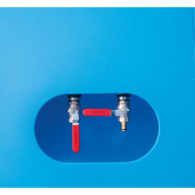 Voorwaswaterbak met Gardena slang koppeling blauw