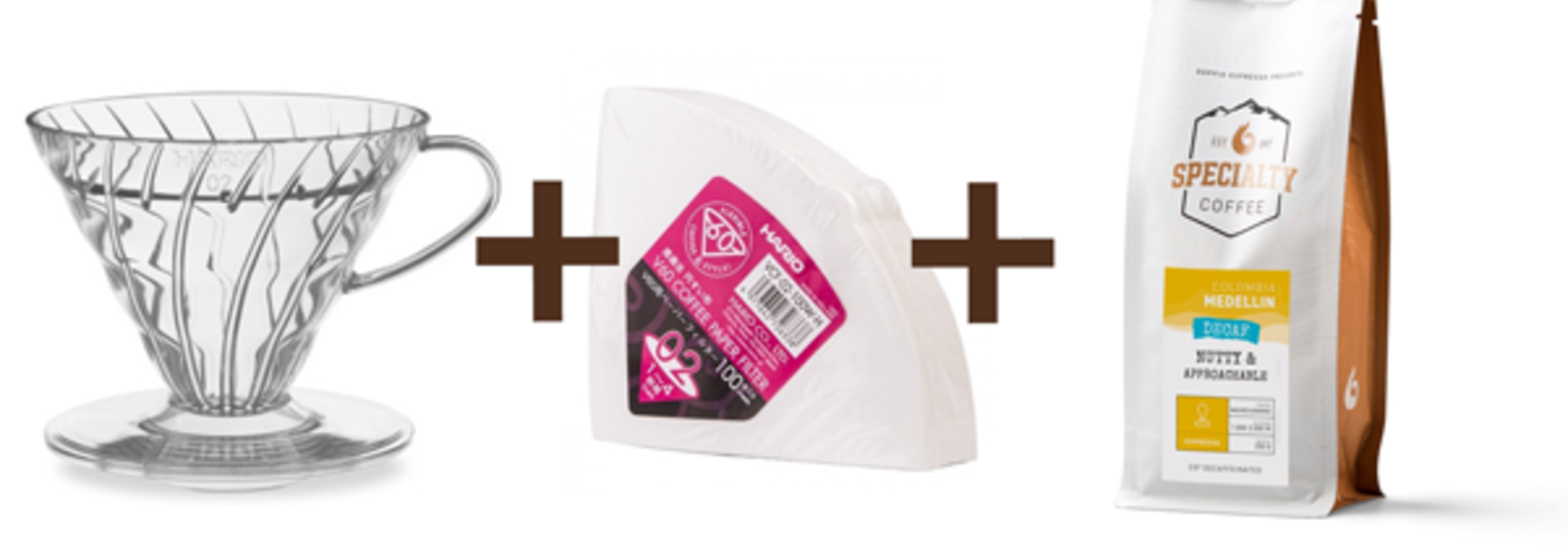 Colombia Decaf + Hario V60 Plastic dripper (02) Clear + Paper Filters
