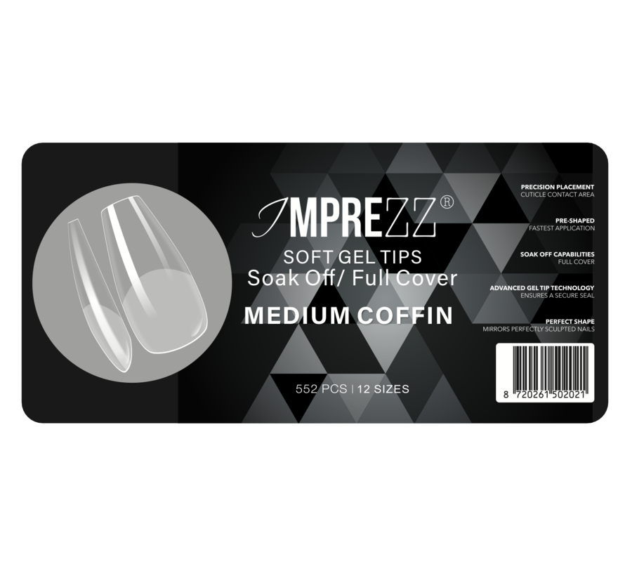 IMPREZZ® Soak Off Soft Gel Tips Medium Coffin | inhoud 550 stuks - 12 verschillende maten | Full Cover