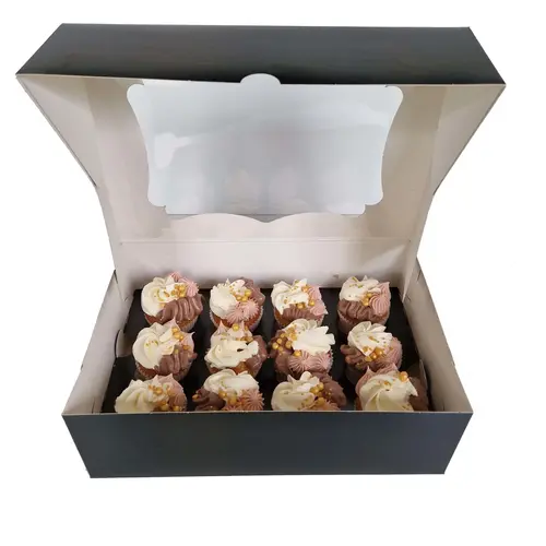 Cupcakedozen.nl Zwarte doos voor 12 minicupcakes met sierlijk venster (25 stuks)