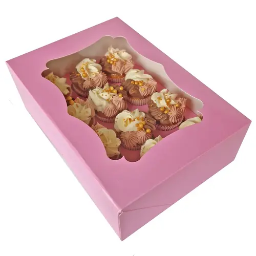 Cupcakedozen.nl Roze doos voor 12 minicupcakes met sierlijk venster (25 stuks)