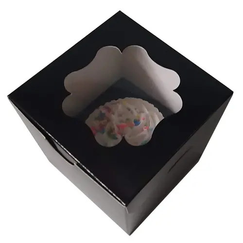 Cupcakedozen.nl Zwarte doos voor 1 cupcake met sierlijk venster (25 stuks) - Let op: productiefout