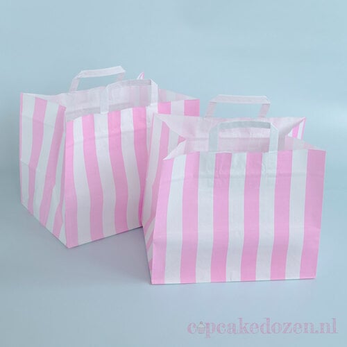 Cupcakedozen.nl Breite Papiertüte mit leuchtend rosa Streifen - 32 x 22 x 28 cm