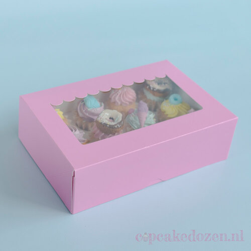 Cupcakedozen.nl Zuurstokroze doos voor 12 minicupcakes + winkelluifel venster (10 stuks)