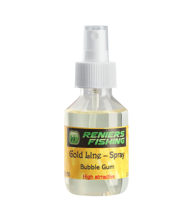 Reniers Fishing Gold Line Spray 100ml – Puur Onverdund Liquid Additief voor Haakaas, Pellets, Partikels, Maïs, Method en Expanders