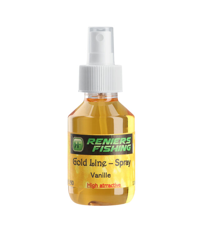 Reniers Fishing Gold Line Spray 100ml – Additif Liquide Pur et Non Dilué pour Esches, Pellets, Graines, Maïs, Method et Expanders