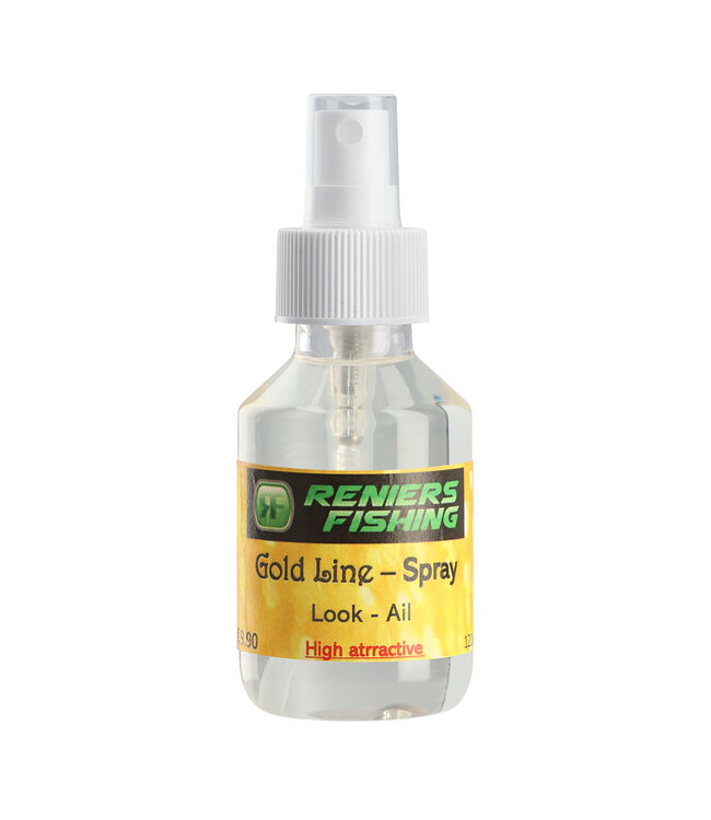Reniers Fishing Gold Line Spray 100ml – Additif Liquide Pur et Non Dilué pour Esches, Pellets, Graines, Maïs, Method et Expanders