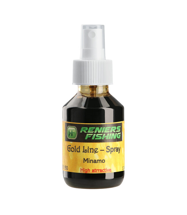 Reniers Fishing Gold Line Spray 100ml – Puur Onverdund Liquid Additief voor Haakaas, Pellets, Partikels, Maïs, Method en Expanders