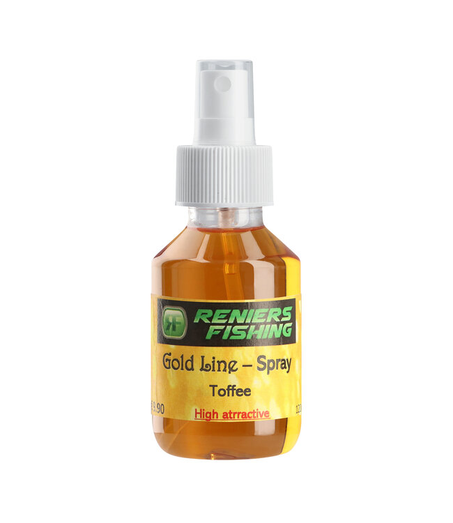 Reniers Fishing Gold Line Spray 100ml – Puur Onverdund Liquid Additief voor Haakaas, Pellets, Partikels, Maïs, Method en Expanders