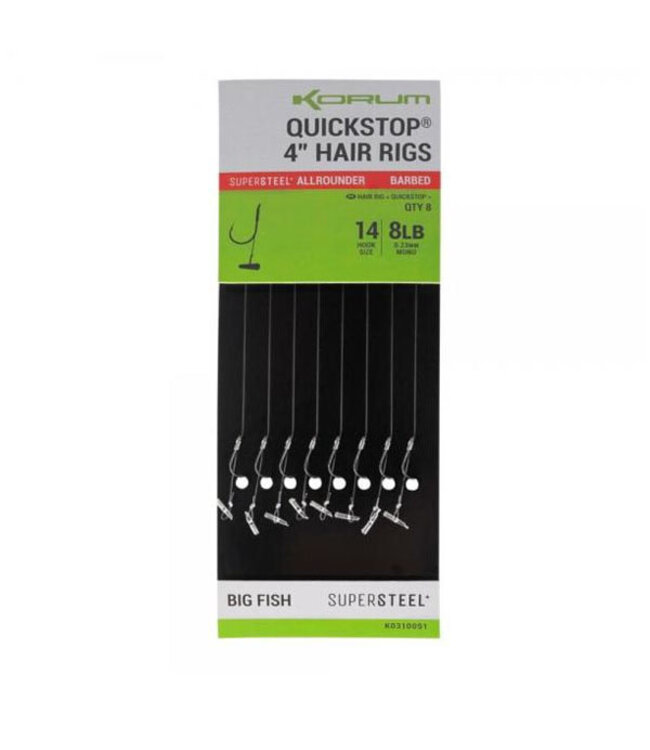 Korum Super Acier Allround Gros Poissons Quickstop Hair Rigs 4" Ardillon (8pcs)