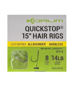 Korum Gros Poissons Super Acier Allrounder Quickstop 15" Hair Rigs Sans Ardillons (8pcs)