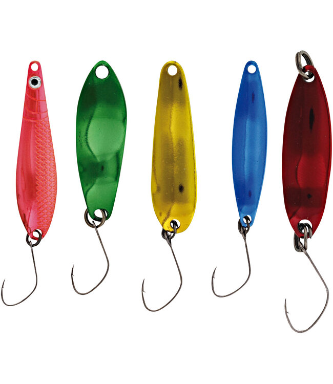 Kinetic Multipack Spoons Mix – 5-Delige Lepelset met Single Hooks, Flash-Kleuren en Verschillende Mixen voor Forel, Regenboogforel en Baars