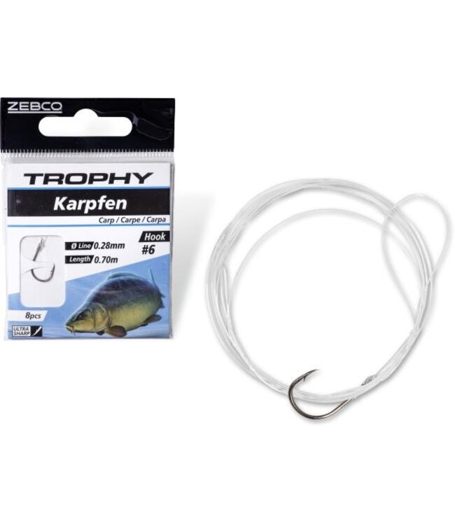 Zebco Trophy Hameçon Carpe avec Bas de Ligne Nylon 70 cm (8 pcs) Hameçon Noir