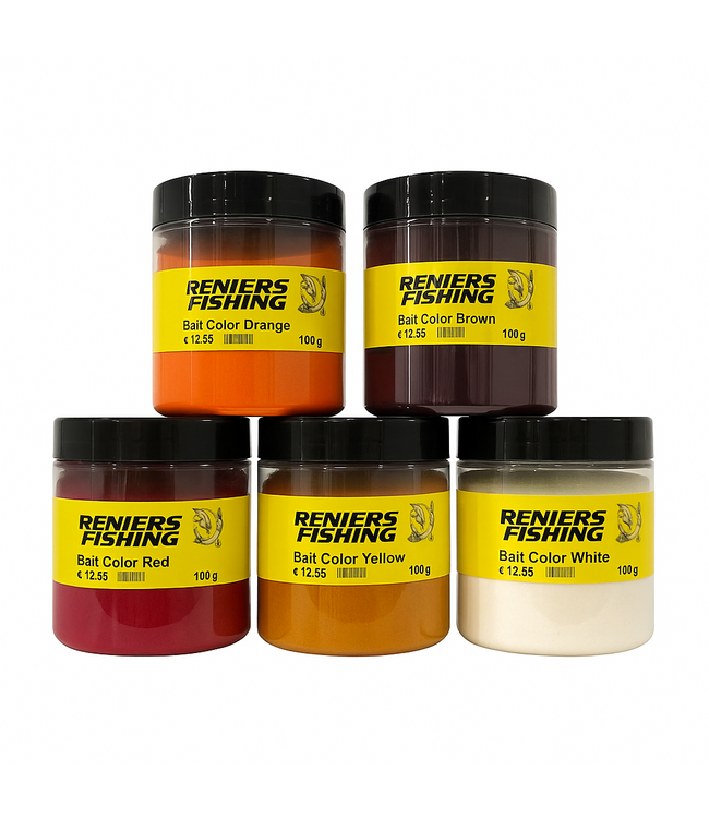 Reniers Fishing Bait Color 100g – Fijn Kleurpoeder voor Pellets, Maïs, Expanders, Dumbells, Method en Voer met Sterke Visuele Prikkel onder Water