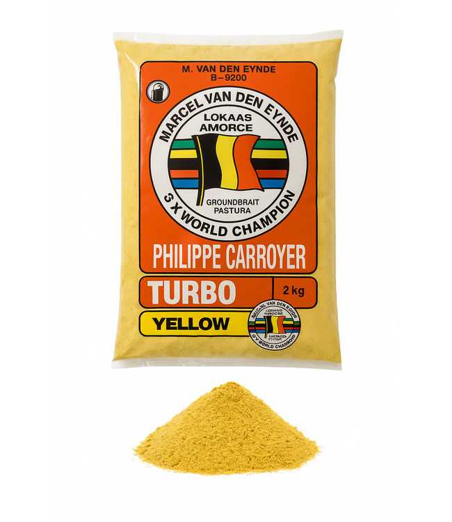 Marcel Van den Eynde Turbo 2kg – Amorce Polyvalente pour Brème, Gardon et Compétition en Classic, Jaune et Noir