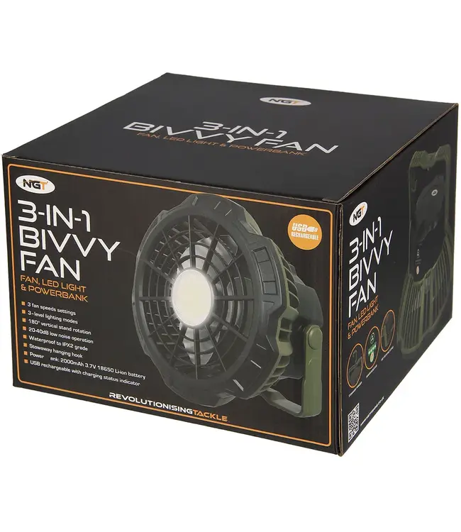 NGT XL Fan USB Wiederaufladbarer Bivvy Ventilator mit Licht & Powerbank